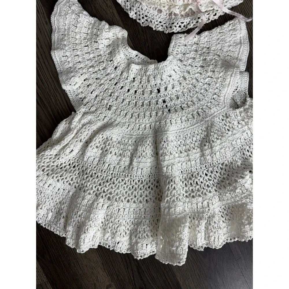 Vintage Crochet Baby Dress With Matching Hat ‎ 0421